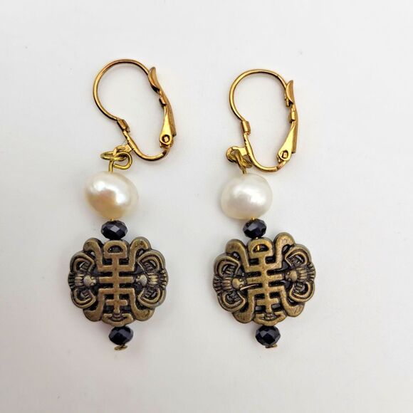 Antique Brass Finished Statement Pendant Necklace Baroque Pearls Glass Beads 18" - Picture 5 of 7